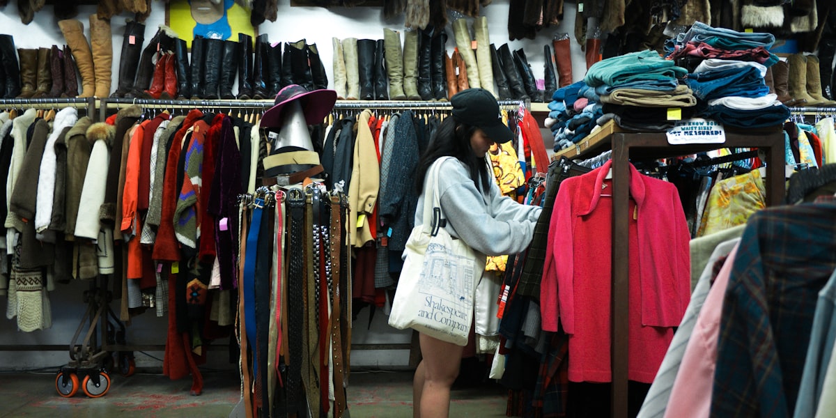 Thrift wall of boots above coats and belts
